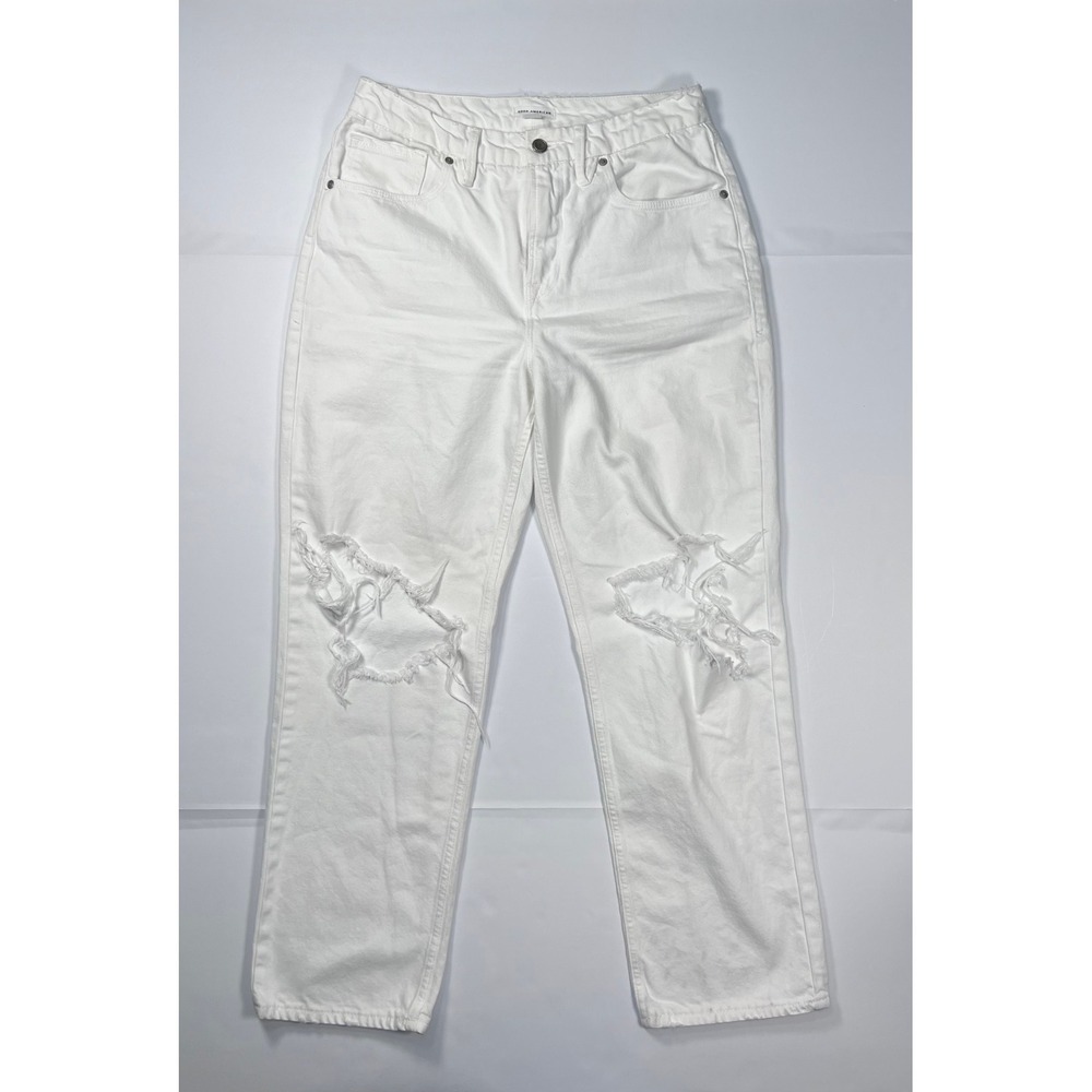 Good American Straight Leg Jeans 8/29 White Distressed‎ High Rise Denim Frayed